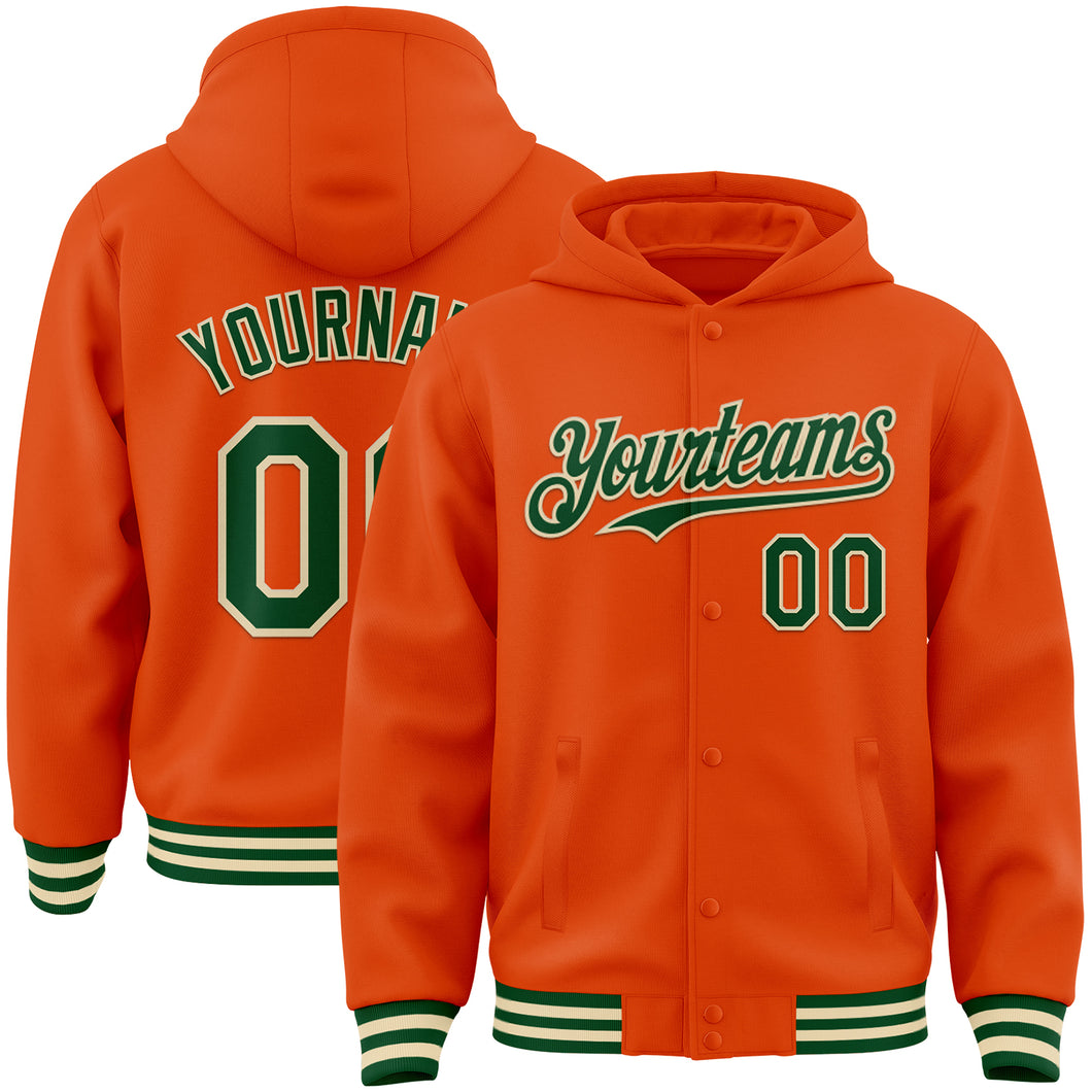 Custom Orange Green-Cream Bomber Full-Snap Varsity Letterman Hoodie Jacket