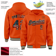 Load image into Gallery viewer, Custom Orange Vintage USA Flag Black-Cream Bomber Full-Snap Varsity Letterman Hoodie Jacket
