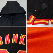 Load image into Gallery viewer, Custom Orange Black-Cream Bomber Full-Snap Varsity Letterman Hoodie Jacket
