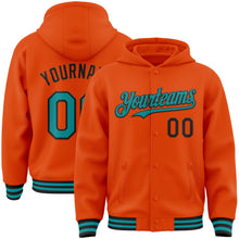 Load image into Gallery viewer, Custom Orange Teal-Black Bomber Full-Snap Varsity Letterman Hoodie Jacket
