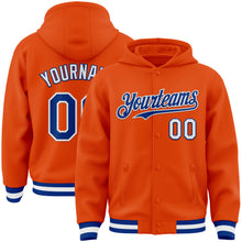 Load image into Gallery viewer, Custom Orange Royal-White Bomber Full-Snap Varsity Letterman Hoodie Jacket
