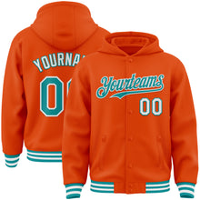 Load image into Gallery viewer, Custom Orange Teal-White Bomber Full-Snap Varsity Letterman Hoodie Jacket
