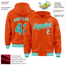 Load image into Gallery viewer, Custom Orange Aqua-White Bomber Full-Snap Varsity Letterman Hoodie Jacket
