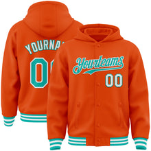 Load image into Gallery viewer, Custom Orange Aqua-White Bomber Full-Snap Varsity Letterman Hoodie Jacket
