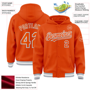 Custom Orange White-Gray Bomber Full-Snap Varsity Letterman Hoodie Jacket