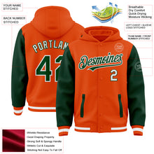 Load image into Gallery viewer, Custom Orange Green-White Bomber Full-Snap Varsity Letterman Two Tone Hoodie Jacket
