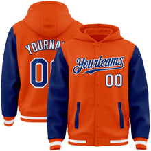 Load image into Gallery viewer, Custom Orange Royal-White Bomber Full-Snap Varsity Letterman Two Tone Hoodie Jacket
