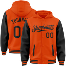 Load image into Gallery viewer, Custom Orange Black Bomber Full-Snap Varsity Letterman Two Tone Hoodie Jacket
