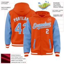 Load image into Gallery viewer, Custom Orange Light Blue-White Bomber Full-Snap Varsity Letterman Two Tone Hoodie Jacket
