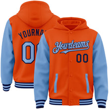 Load image into Gallery viewer, Custom Orange Light Blue-Navy Bomber Full-Snap Varsity Letterman Two Tone Hoodie Jacket
