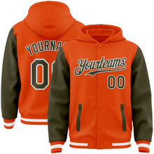 Load image into Gallery viewer, Custom Orange Olive-White Bomber Full-Snap Varsity Letterman Two Tone Hoodie Jacket
