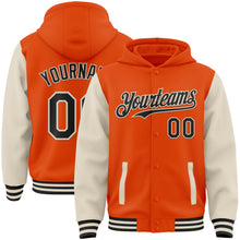 Load image into Gallery viewer, Custom Orange Black-Cream Bomber Full-Snap Varsity Letterman Two Tone Hoodie Jacket
