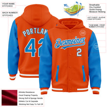 Load image into Gallery viewer, Custom Orange Powder Blue-White Bomber Full-Snap Varsity Letterman Two Tone Hoodie Jacket
