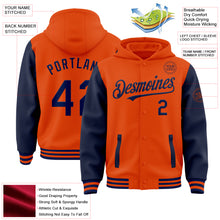 Load image into Gallery viewer, Custom Orange Navy Bomber Full-Snap Varsity Letterman Two Tone Hoodie Jacket
