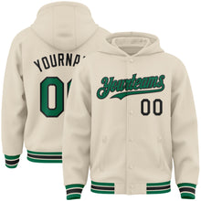 Load image into Gallery viewer, Custom Cream Kelly Green-Black Bomber Full-Snap Varsity Letterman Hoodie Jacket
