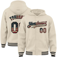 Load image into Gallery viewer, Custom Cream Vintage USA Flag-Black Bomber Full-Snap Varsity Letterman Hoodie Jacket
