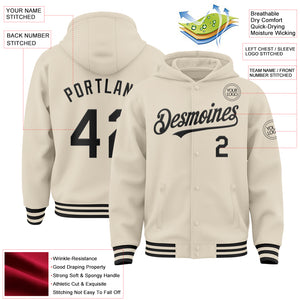 Custom Cream Black Bomber Full-Snap Varsity Letterman Hoodie Jacket