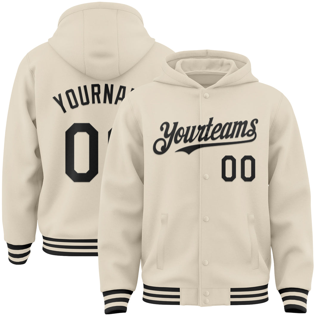 Custom Cream Black Bomber Full-Snap Varsity Letterman Hoodie Jacket