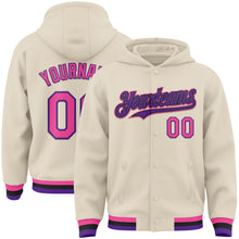 Load image into Gallery viewer, Custom Cream Pink Purple-Black Bomber Full-Snap Varsity Letterman Hoodie Jacket
