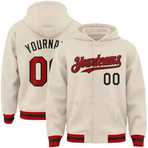 Custom Cream Red-Black Bomber Full-Snap Varsity Letterman Hoodie Jacket