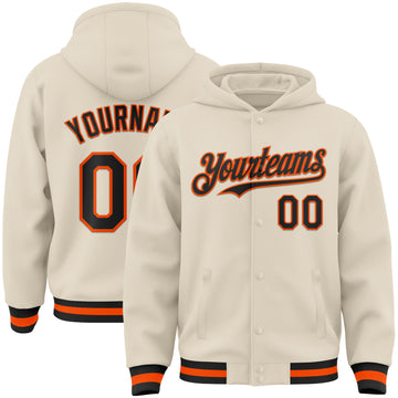 Custom Cream Black-Orange Bomber Full-Snap Varsity Letterman Hoodie Jacket