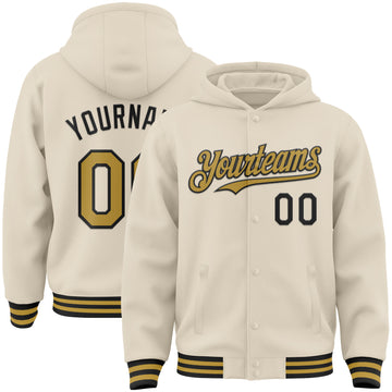 Custom Cream Old Gold-Black Bomber Full-Snap Varsity Letterman Hoodie Jacket