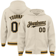 Load image into Gallery viewer, Custom Cream Black-Old Gold Bomber Full-Snap Varsity Letterman Hoodie Jacket
