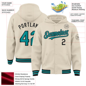 Custom Cream Teal-Black Bomber Full-Snap Varsity Letterman Hoodie Jacket