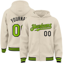 Load image into Gallery viewer, Custom Cream Neon Green-Black Bomber Full-Snap Varsity Letterman Hoodie Jacket
