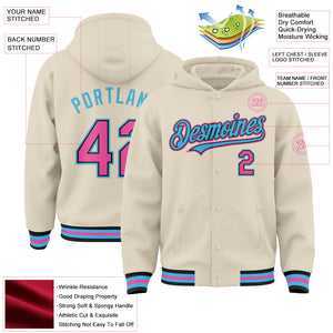 Custom Cream Pink Black-Sky Blue Bomber Full-Snap Varsity Letterman Hoodie Jacket