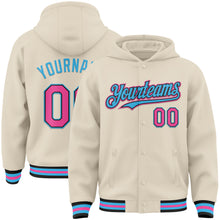 Load image into Gallery viewer, Custom Cream Pink Black-Sky Blue Bomber Full-Snap Varsity Letterman Hoodie Jacket
