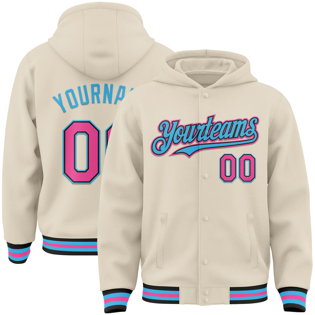 Custom Cream Pink Black-Sky Blue Bomber Full-Snap Varsity Letterman Hoodie Jacket