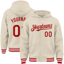 Load image into Gallery viewer, Custom Cream Red-White Bomber Full-Snap Varsity Letterman Hoodie Jacket
