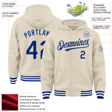 Load image into Gallery viewer, Custom Cream Royal-White Bomber Full-Snap Varsity Letterman Hoodie Jacket
