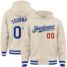 Load image into Gallery viewer, Custom Cream Royal Red-White Bomber Full-Snap Varsity Letterman Hoodie Jacket
