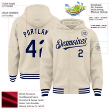 Load image into Gallery viewer, Custom Cream Navy-White Bomber Full-Snap Varsity Letterman Hoodie Jacket
