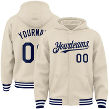 Load image into Gallery viewer, Custom Cream Navy-White Bomber Full-Snap Varsity Letterman Hoodie Jacket
