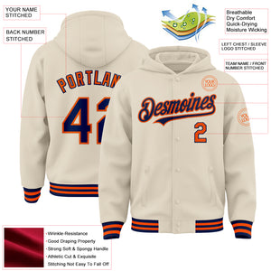 Custom Cream Navy-Orange Bomber Full-Snap Varsity Letterman Hoodie Jacket