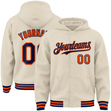 Load image into Gallery viewer, Custom Cream Navy-Orange Bomber Full-Snap Varsity Letterman Hoodie Jacket
