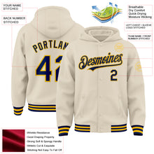 Load image into Gallery viewer, Custom Cream Navy-Gold Bomber Full-Snap Varsity Letterman Hoodie Jacket
