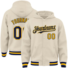 Load image into Gallery viewer, Custom Cream Navy-Gold Bomber Full-Snap Varsity Letterman Hoodie Jacket
