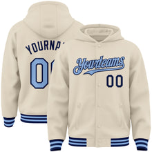 Load image into Gallery viewer, Custom Cream Light Blue-Navy Bomber Full-Snap Varsity Letterman Hoodie Jacket
