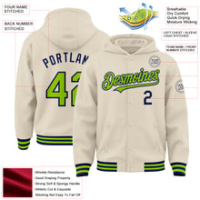 Load image into Gallery viewer, Custom Cream Neon Green-Navy Bomber Full-Snap Varsity Letterman Hoodie Jacket
