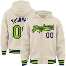 Load image into Gallery viewer, Custom Cream Neon Green-Navy Bomber Full-Snap Varsity Letterman Hoodie Jacket
