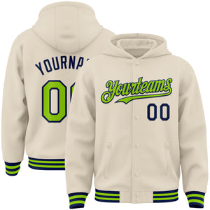 Custom Cream Neon Green-Navy Bomber Full-Snap Varsity Letterman Hoodie Jacket