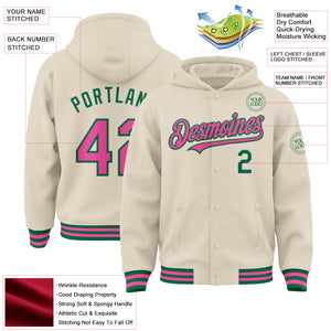 Custom Cream Pink-Kelly Green Bomber Full-Snap Varsity Letterman Hoodie Jacket