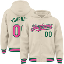 Load image into Gallery viewer, Custom Cream Pink-Kelly Green Bomber Full-Snap Varsity Letterman Hoodie Jacket
