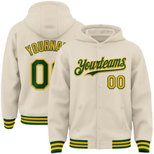 Load image into Gallery viewer, Custom Cream Green-Gold Bomber Full-Snap Varsity Letterman Hoodie Jacket
