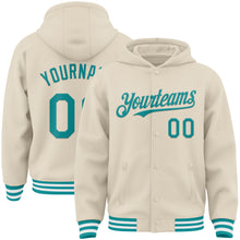 Load image into Gallery viewer, Custom Cream Teal-White Bomber Full-Snap Varsity Letterman Hoodie Jacket
