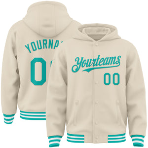 Custom Cream Aqua-White Bomber Full-Snap Varsity Letterman Hoodie Jacket